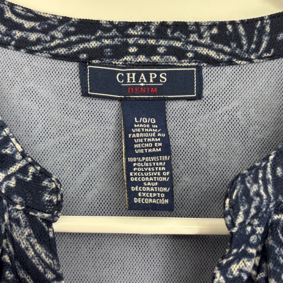 Chaps Denim Womens Large Pullover Mesh Top Blue Paisley Fitted Ruffles 3/4 Slv - Picture 4 of 8